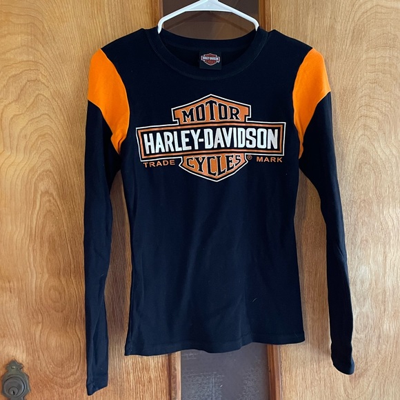 Harley-Davidson Tops - Vintage Harley-Davidson Long-sleeve T-shirt Size Small Black and Orange